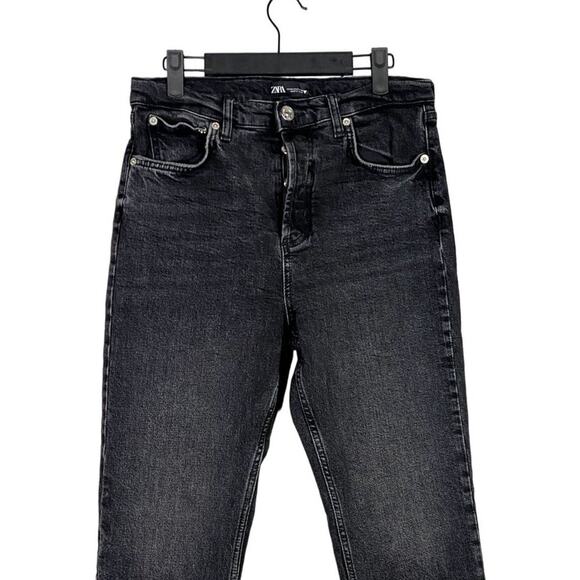 Zara Straight Leg High Rise Crop Raw Hem Button Fly Stretch Jean 8 Black Washed - Picture 3 of 15